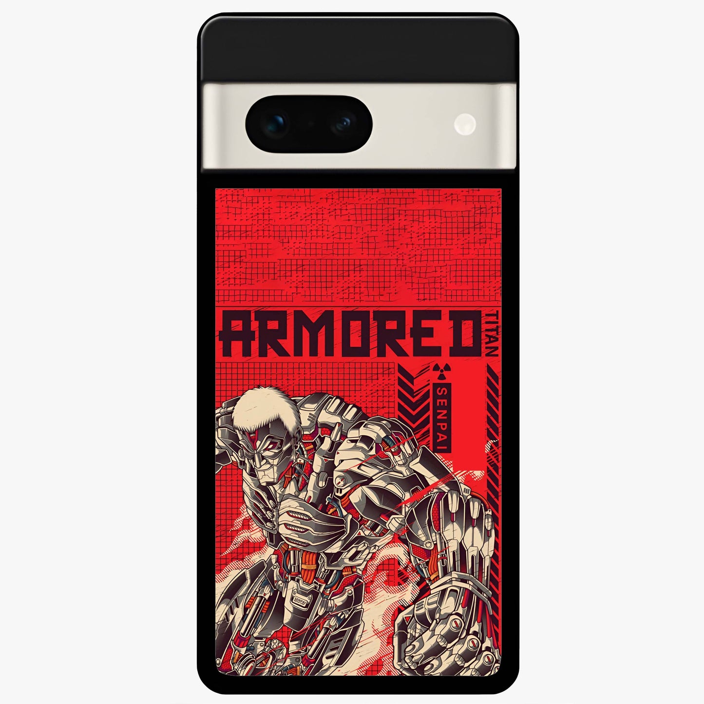 Crimson Mecha Titan Glass Case showing flat back view with powerful mech titan artwork and glossy glass finish.