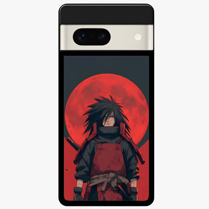 Crimson Moon Warlord Glass Case showing flat back view with mystical moon warrior artwork and glossy glass finish.