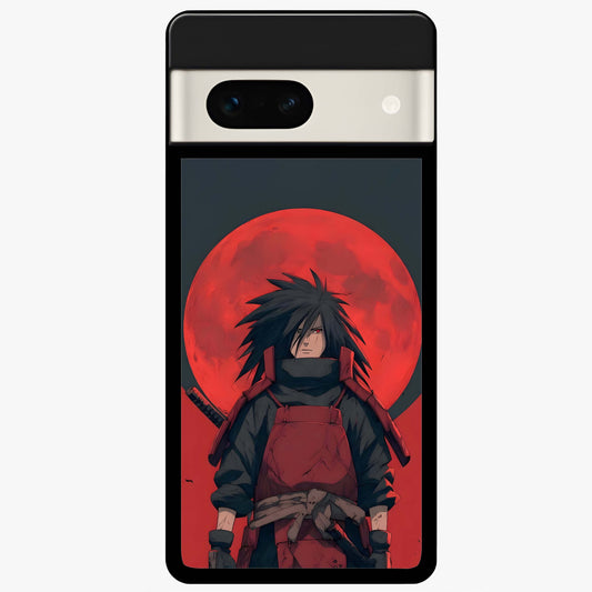 Crimson Moon Warlord Glass Case showing flat back view with mystical moon warrior artwork and glossy glass finish.