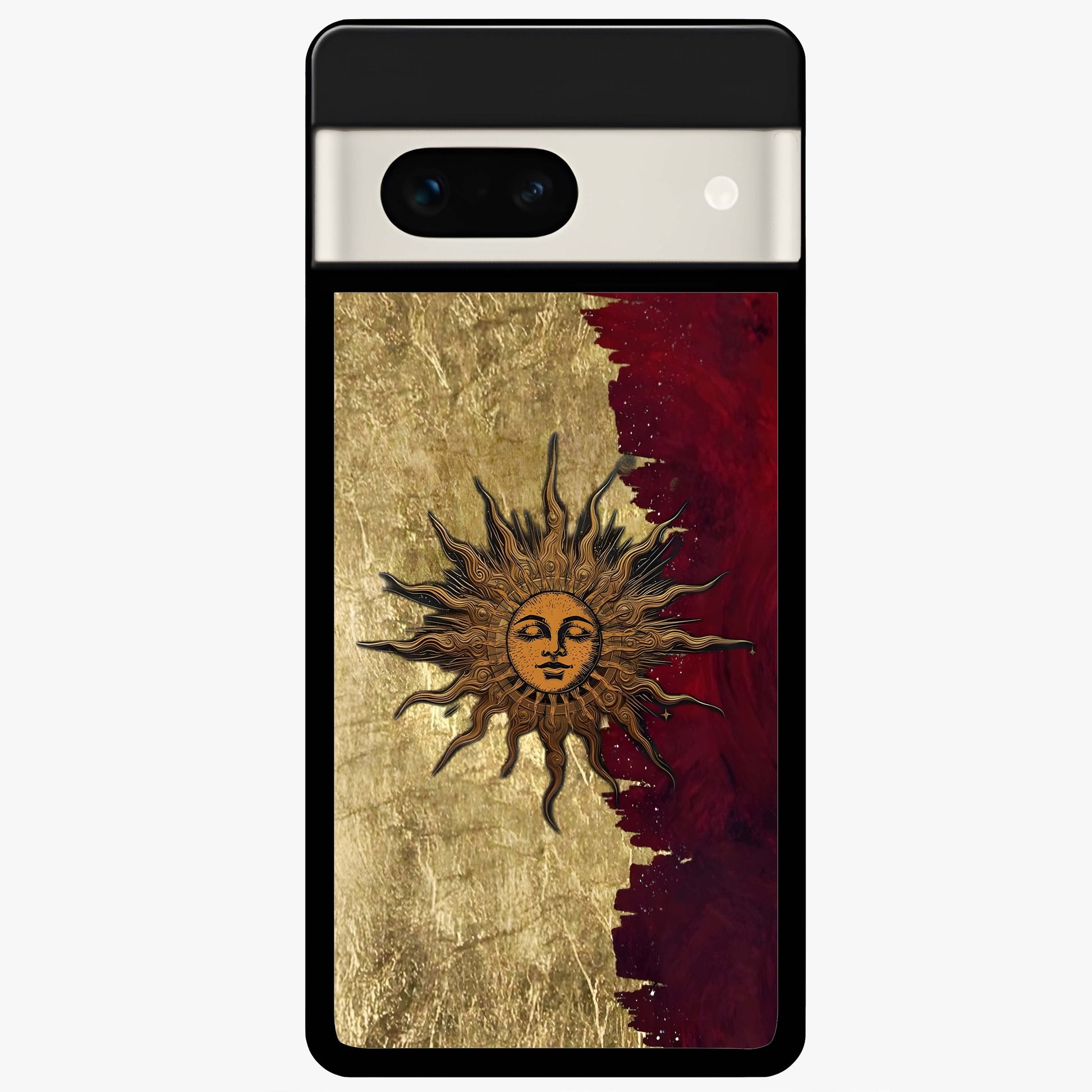 Crimson Sun Majesty Glass Case showing flat back view with radiant sun inspired artwork and glossy glass finish.