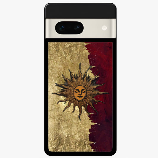 Crimson Sun Majesty Glass Case showing flat back view with radiant sun inspired artwork and glossy glass finish.