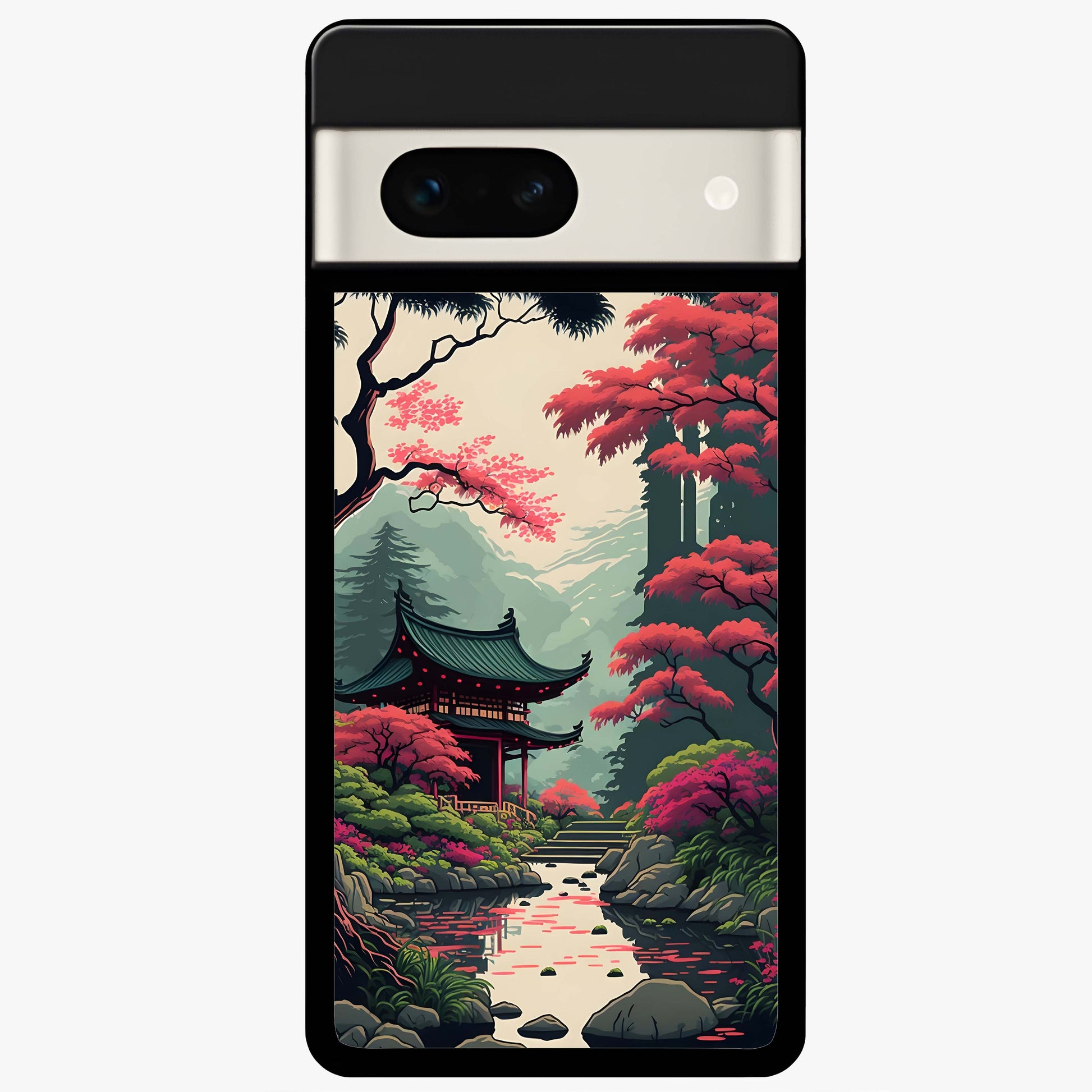 Crimson Temple View Glass Case showing flat back view with temple inspired artwork and glossy glass finish.