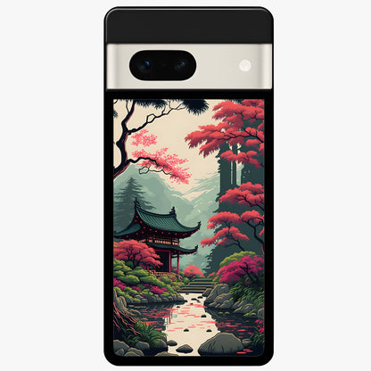 Crimson Temple View Glass Case showing flat back view with temple inspired artwork and glossy glass finish.