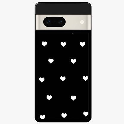 Cute And Simple White Hearts Glass Case showing flat back view with minimal white heart pattern and glossy glass finish.