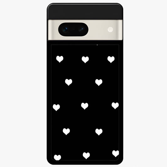 Cute And Simple White Hearts Glass Case showing flat back view with minimal white heart pattern and glossy glass finish.