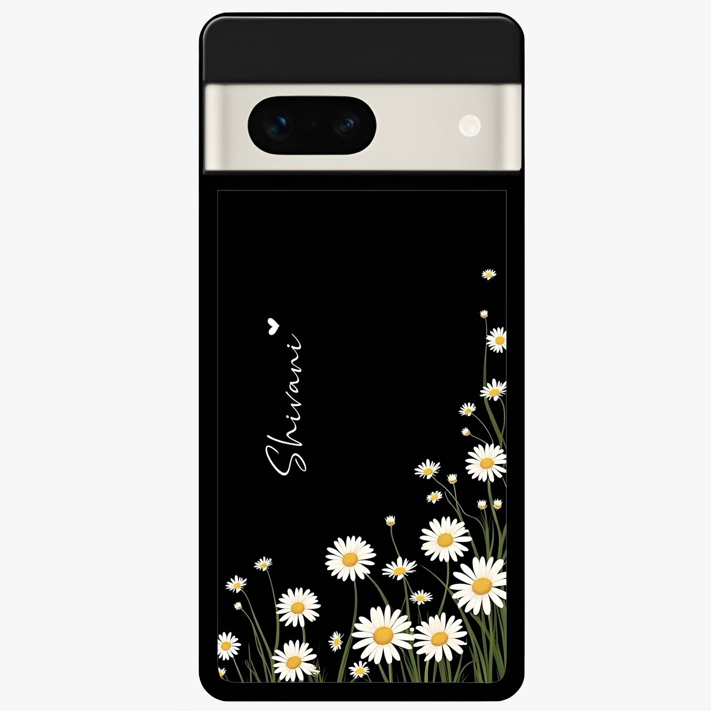 Daisy Cascade Custom Name Glass Case showing flat back view with cascading daisy flowers and personalized name design.