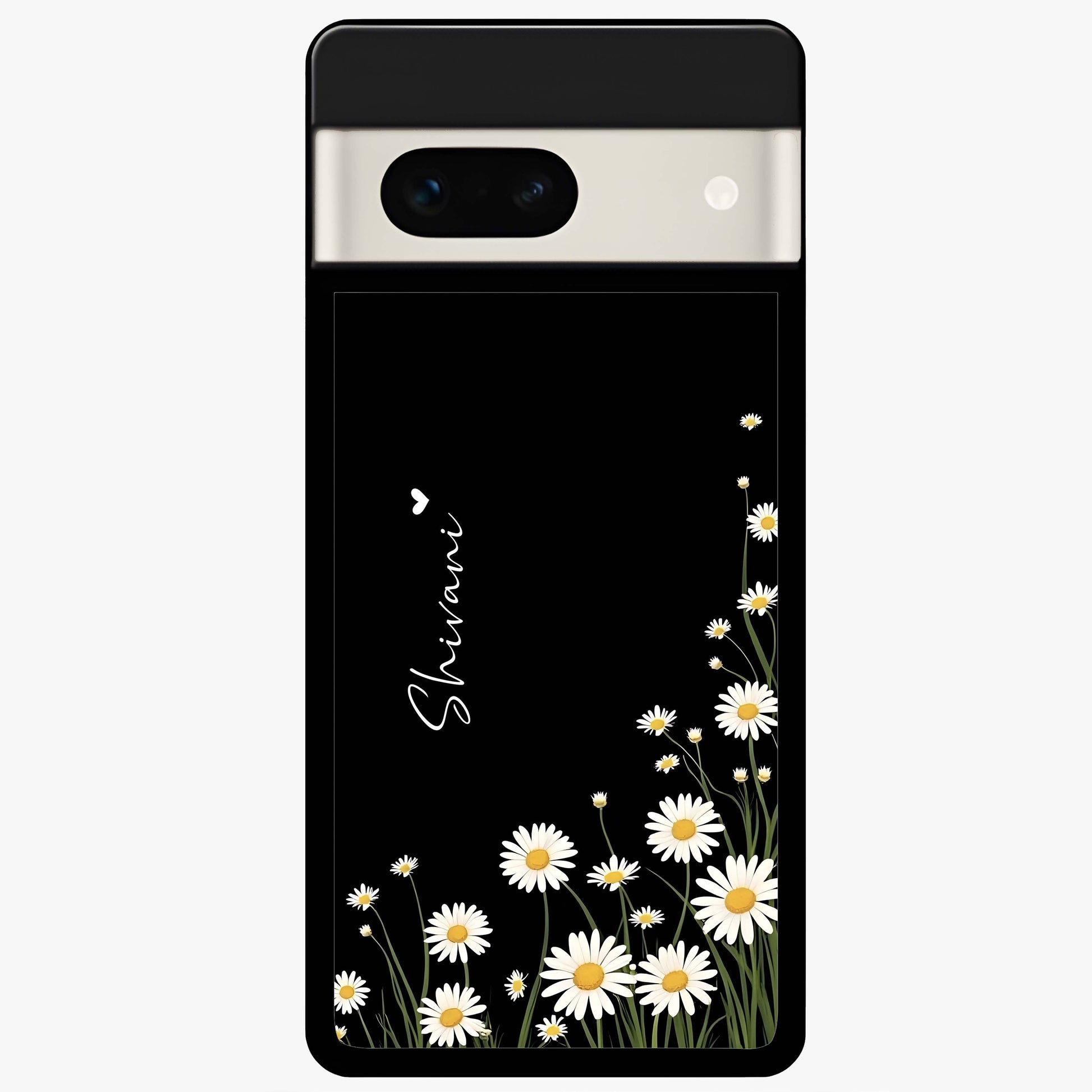 Daisy Cascade Custom Name Glass Case showing flat back view with cascading daisy flowers and personalized name design.