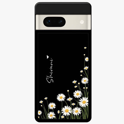 Daisy Cascade Custom Name Glass Case showing flat back view with cascading daisy flowers and personalized name design.