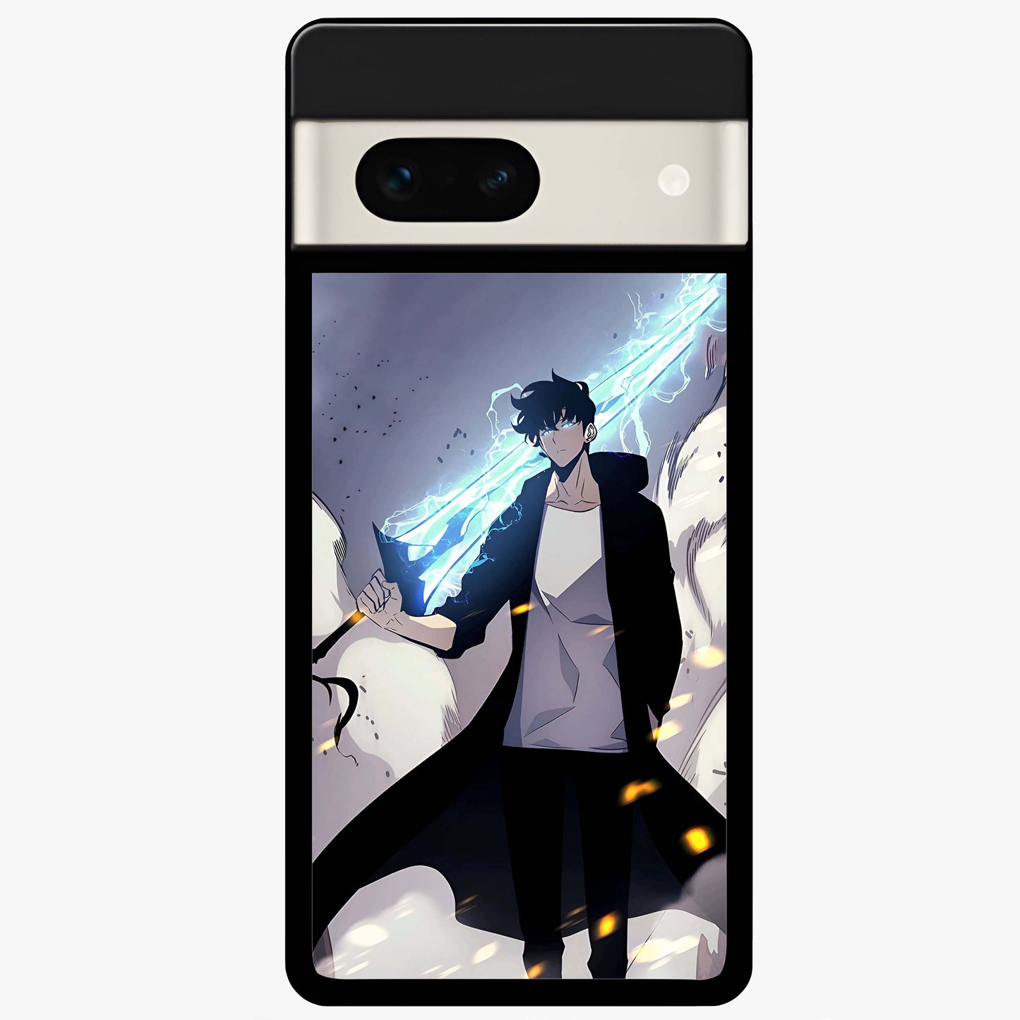 Dark Lightning Anime Warrior Glass Case showing flat back view with intense anime warrior artwork and glossy glass finish.