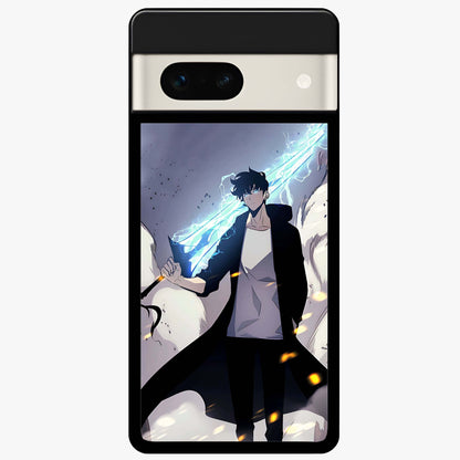 Dark Lightning Anime Warrior Glass Case showing flat back view with intense anime warrior artwork and glossy glass finish.