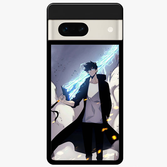 Dark Lightning Anime Warrior Glass Case showing flat back view with intense anime warrior artwork and glossy glass finish.
