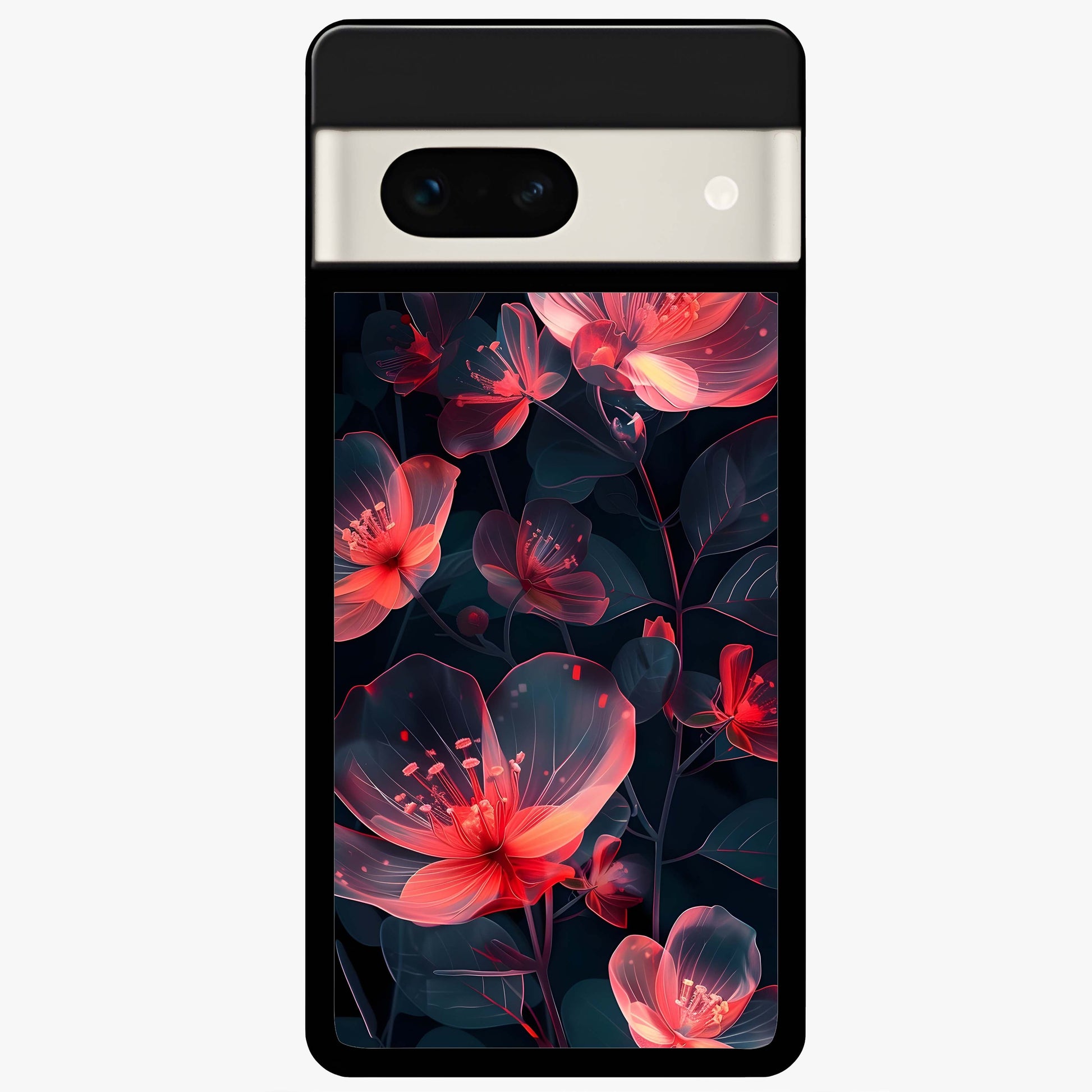 Dark Shade of Flower Glass Case showing flat back view with elegant dark floral artwork and glossy glass finish.