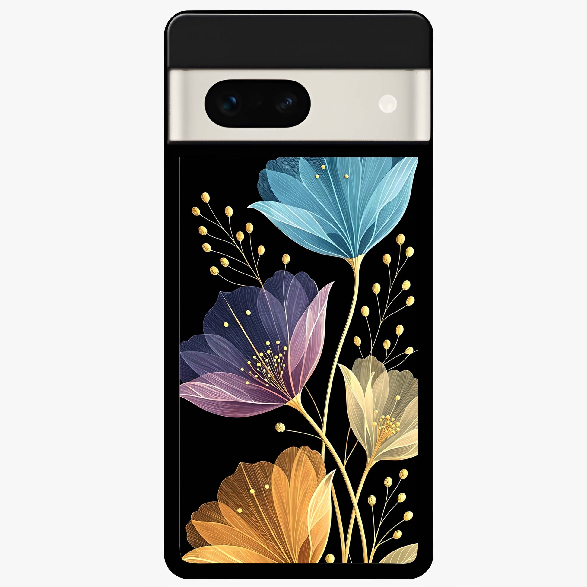 Delicate Multicolor Flowers Glass Case showing flat back view with vibrant floral artwork and glossy glass finish.