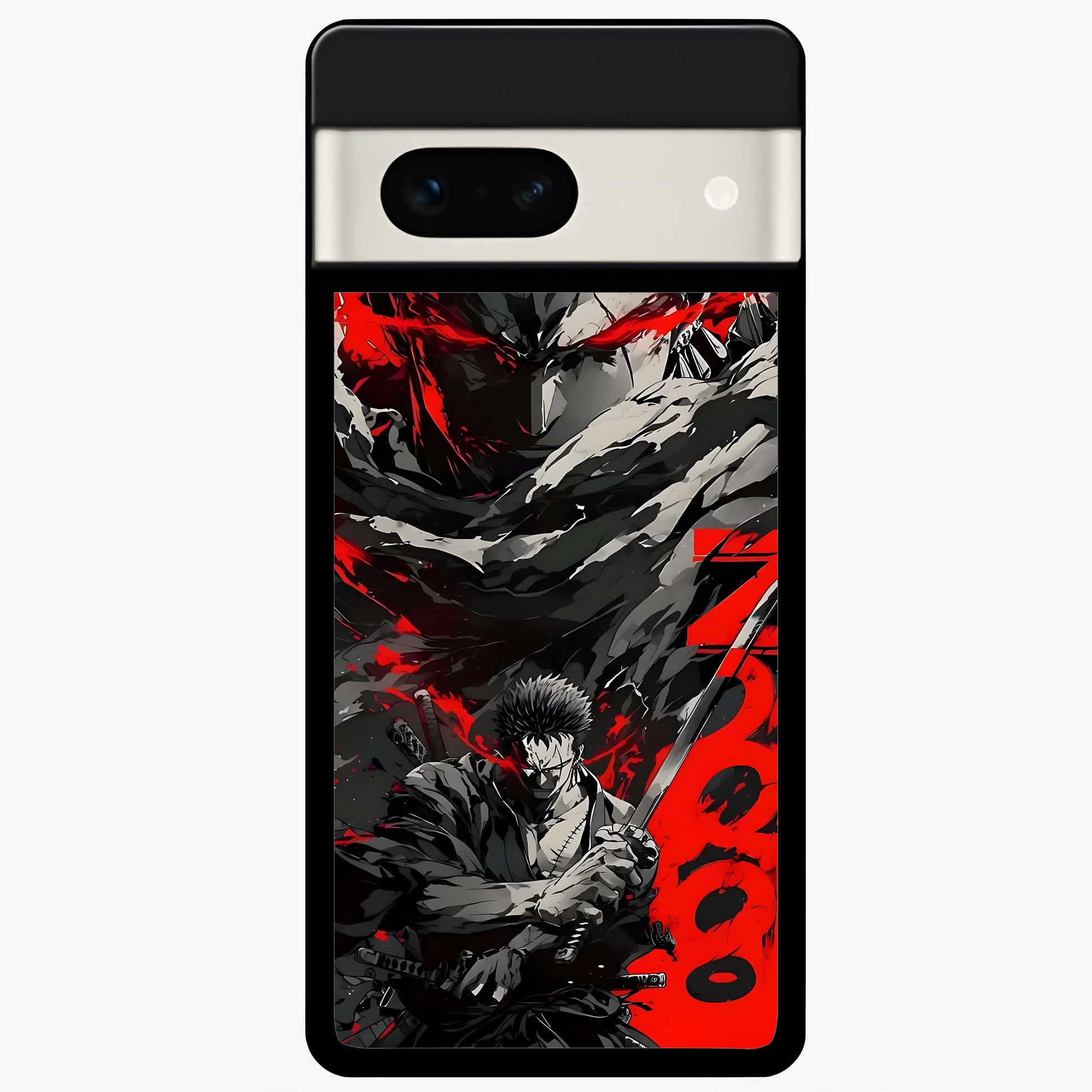 Demon Sword Resolve Glass Case showing flat back view with fierce sword warrior artwork and glossy glass finish.