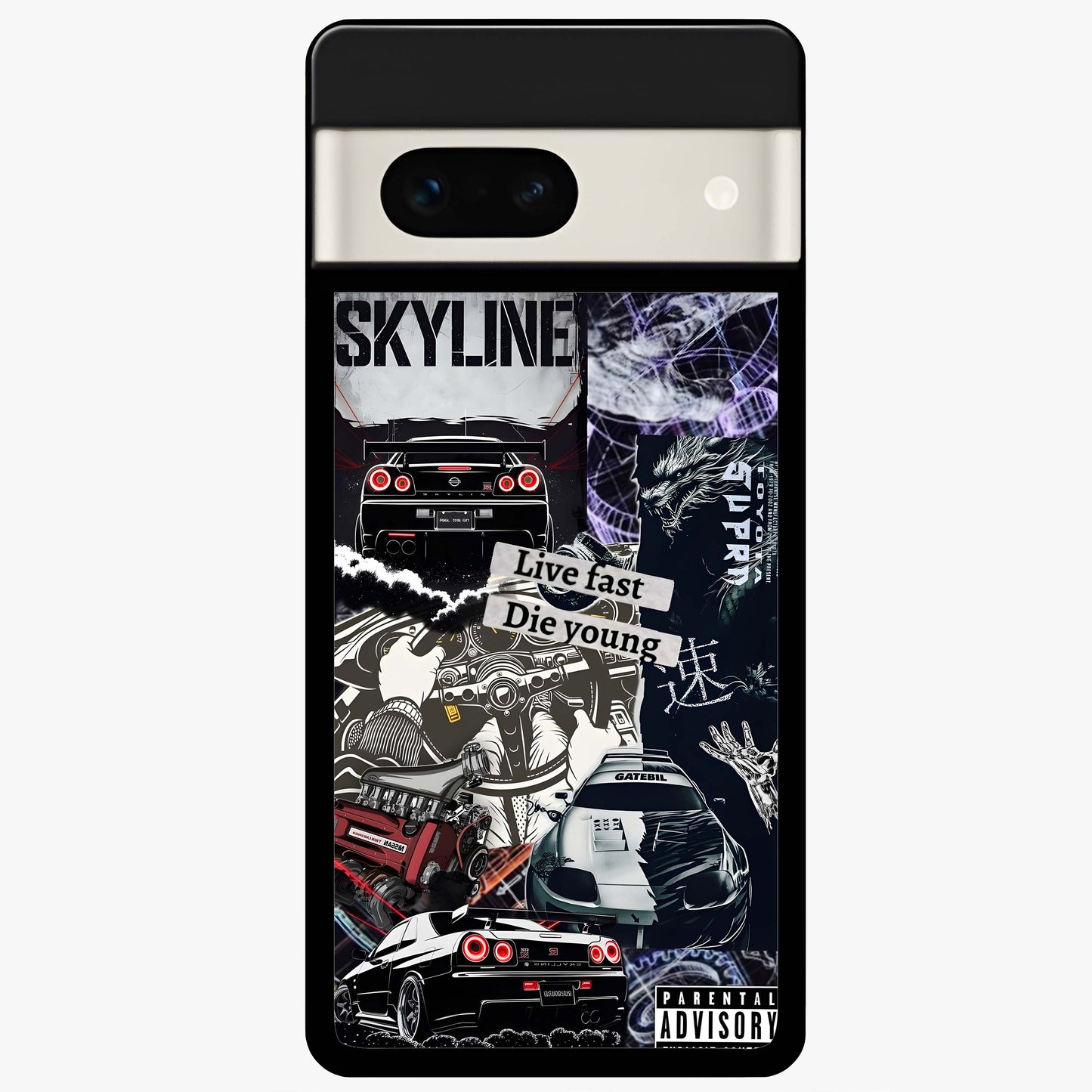 Die Young Glass Case showing flat back view with bold artistic typography design and glossy glass finish.