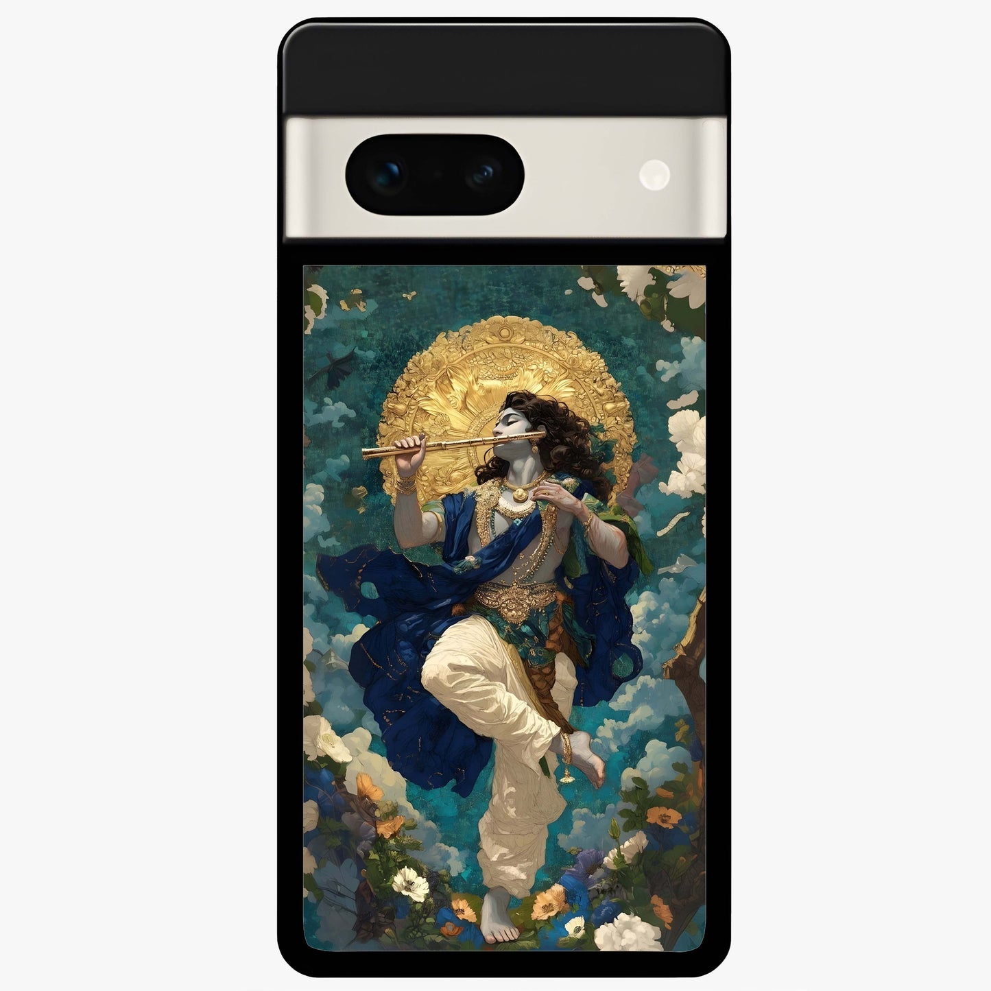 Divine Krishna Art Glass Case showing flat back view with Lord Krishna artwork and glossy glass finish.
