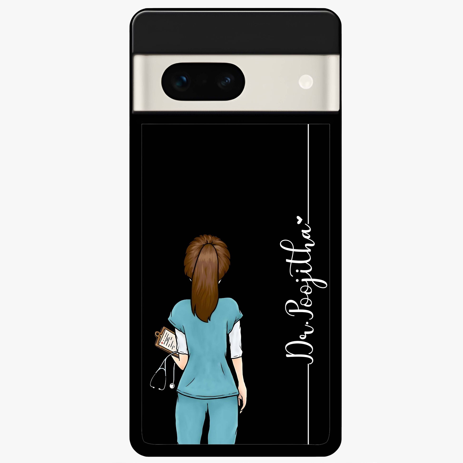 Doctor Pattern Custom Name Glass Case showing flat back view with medical themed pattern and personalized name design.