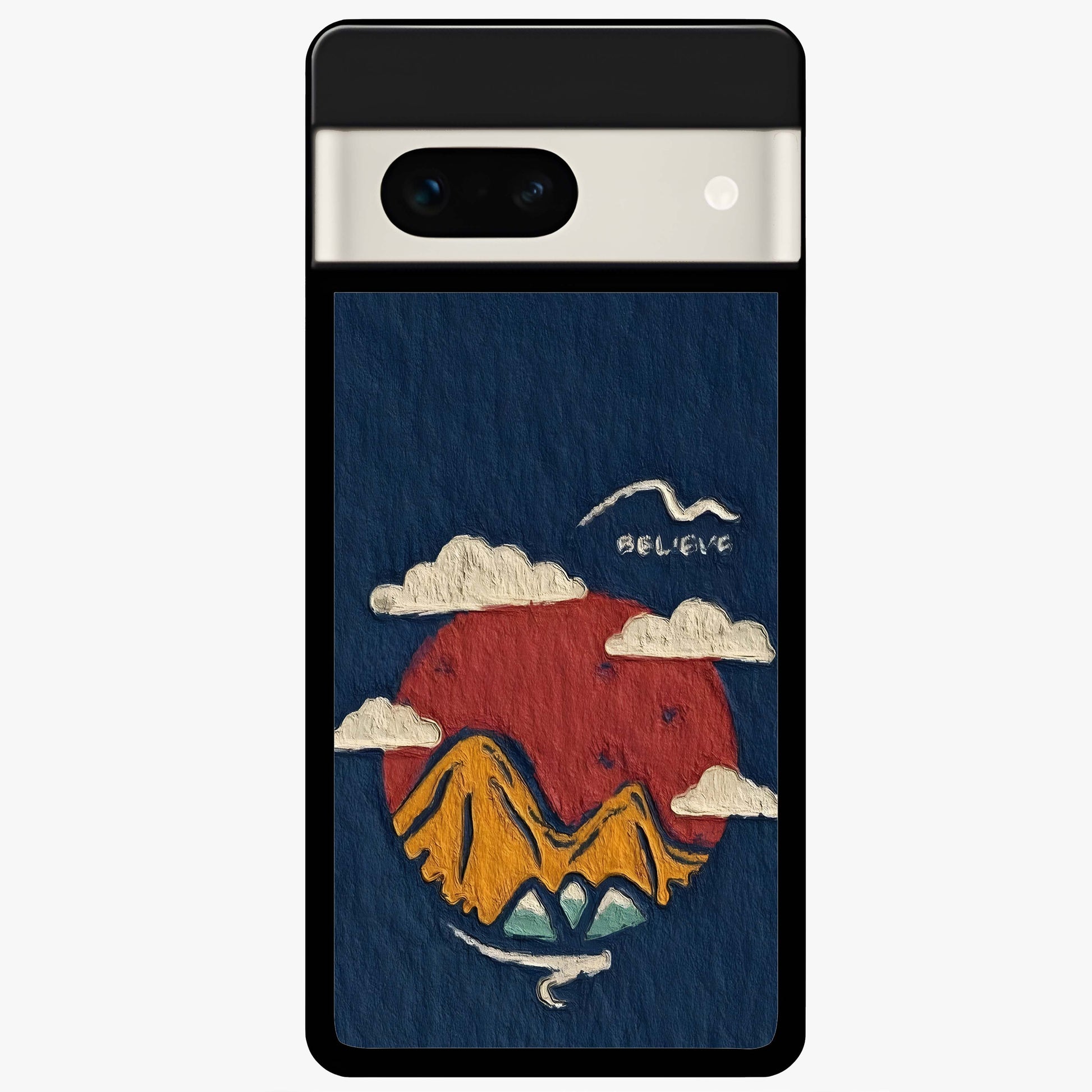 Dream Beyond Mountains Glass Case showing flat back view with scenic mountain landscape artwork and glossy glass finish.