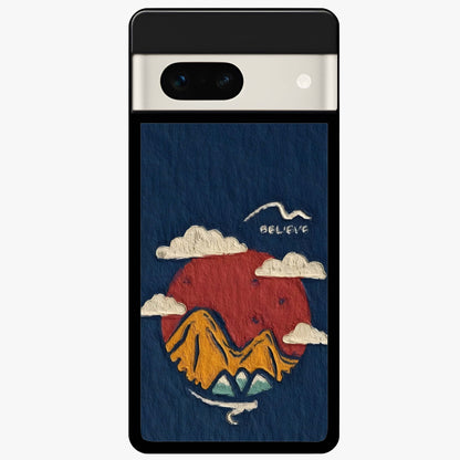Dream Beyond Mountains Glass Case showing flat back view with scenic mountain landscape artwork and glossy glass finish.