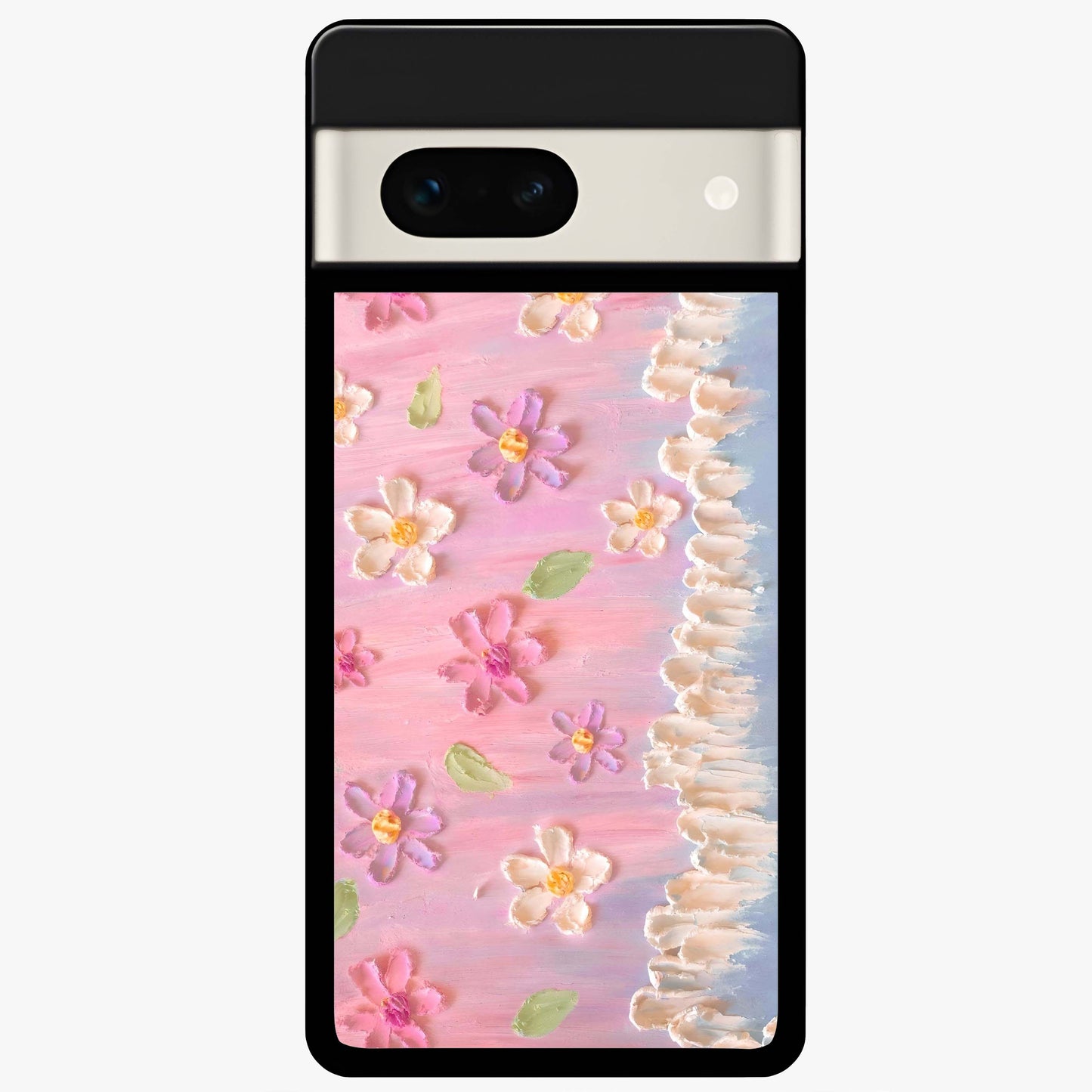Dreamy Painted Garden Glass Case showing flat back view with artistic painted floral garden artwork and glossy glass finish.