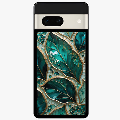 Emerald Leaf Glass Glass Case showing flat back view with emerald green leaf artwork and glossy glass finish.
