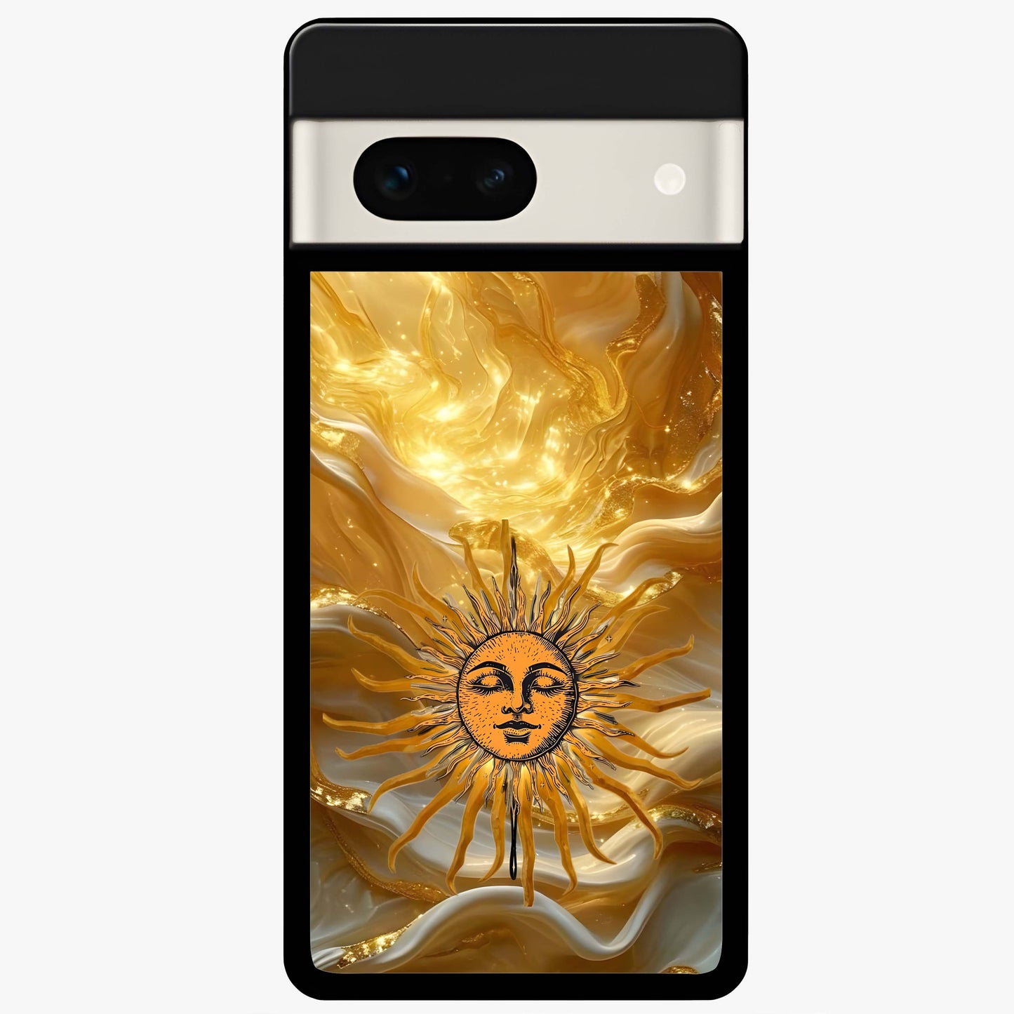 Eternal Golden Glow Glass Case showing flat back view with radiant golden themed artwork and glossy glass finish.