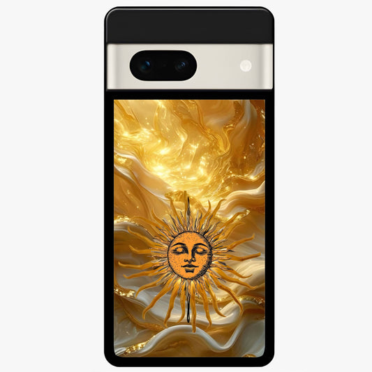 Eternal Golden Glow Glass Case showing flat back view with radiant golden themed artwork and glossy glass finish.