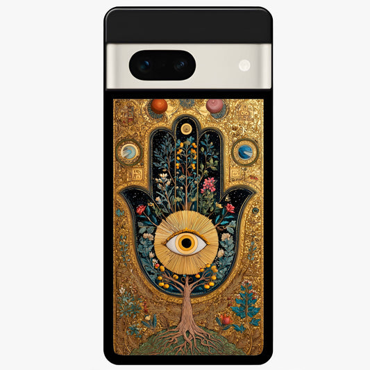 Ethereal Evil Eye Glass Case showing flat back view with mystical evil eye artwork and glossy glass finish.