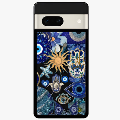 Evil Eye Charm Mix Glass Case showing flat back view with multiple evil eye charms artwork and glossy glass finish.