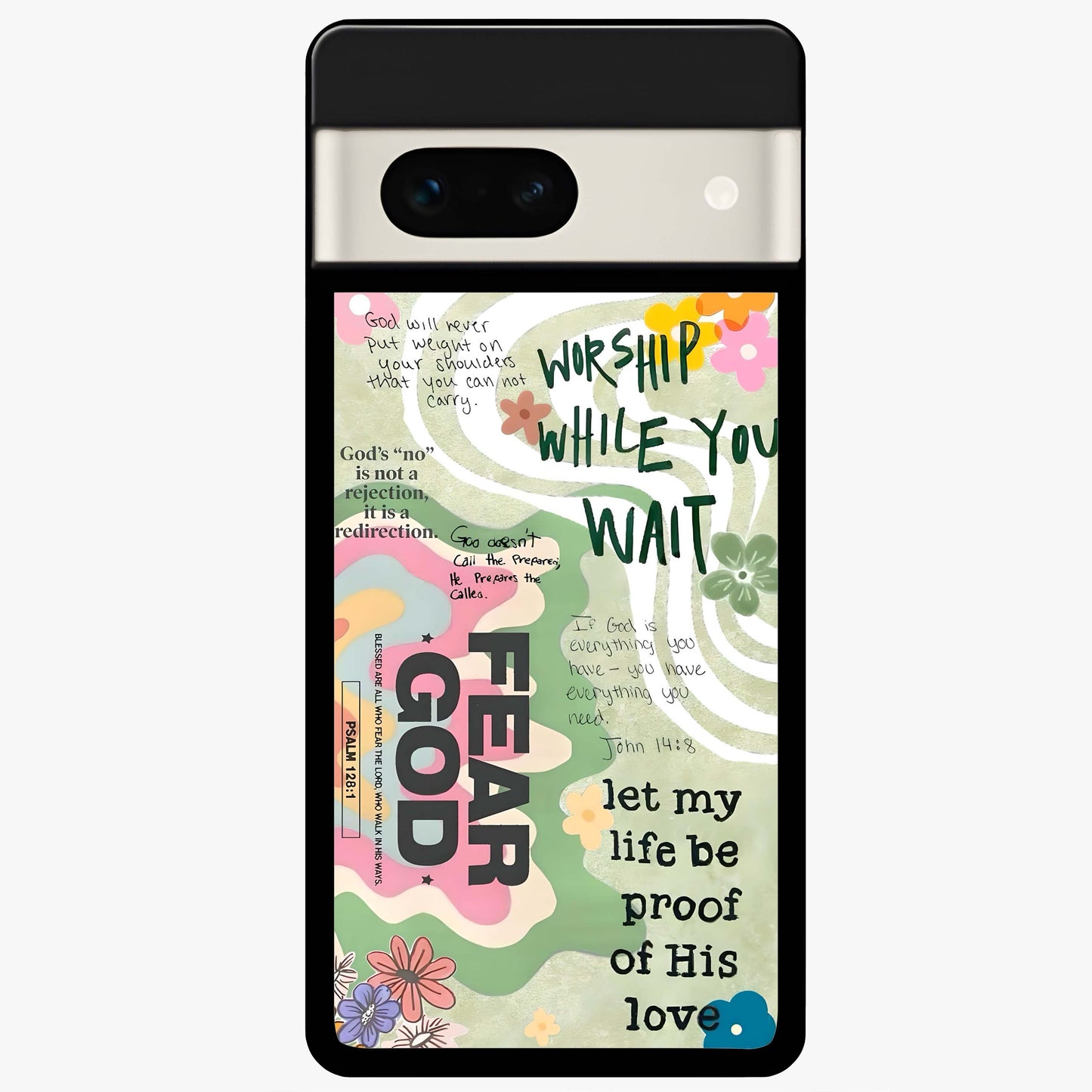 Faith Over Fear Glass Case showing flat back view with motivational typography artwork and glossy glass finish.