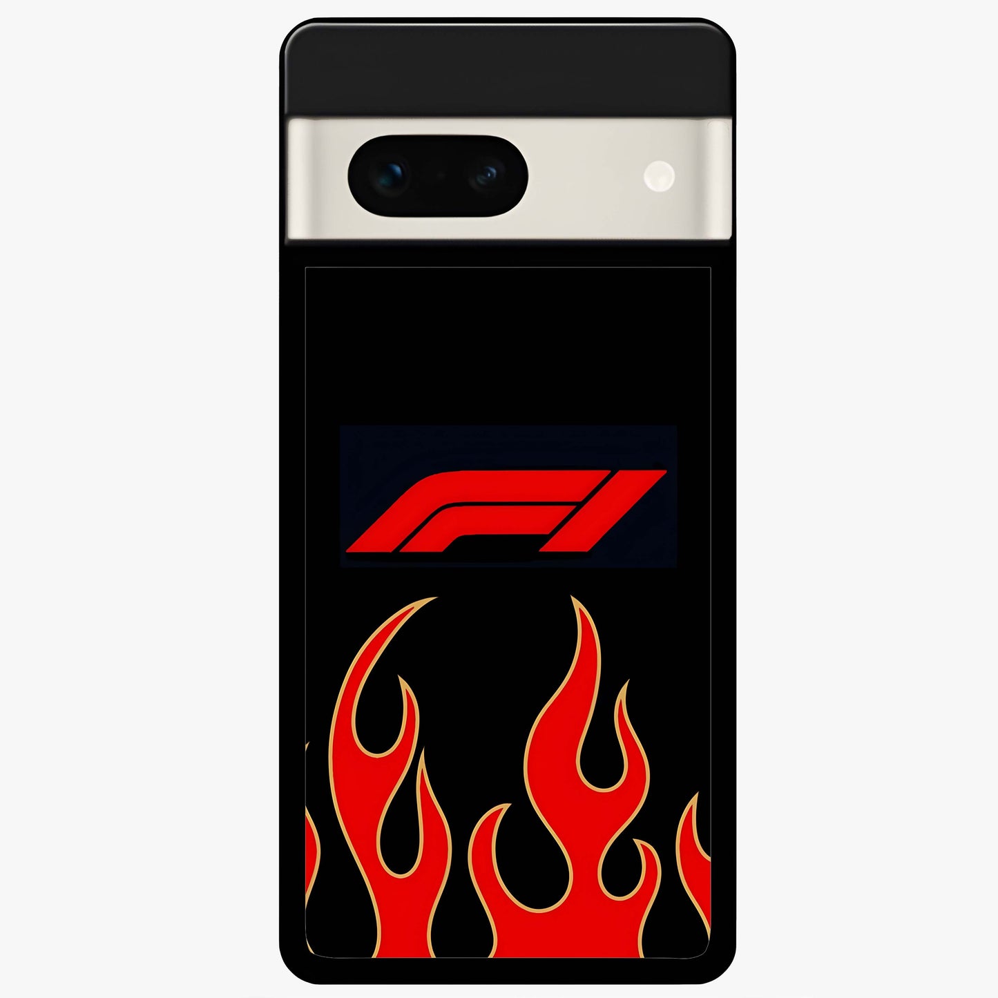 Fire F11 Glass Case showing flat back view with fiery themed artwork and glossy glass finish.