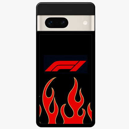 Fire F11 Glass Case showing flat back view with fiery themed artwork and glossy glass finish.