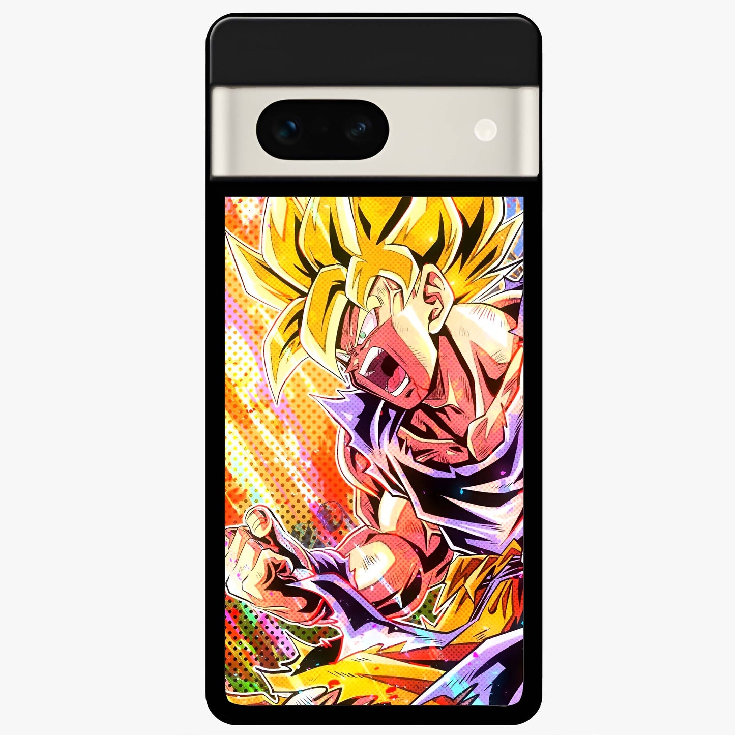 Firing Goku Glass Case showing flat back view with powerful anime inspired artwork and glossy glass finish.