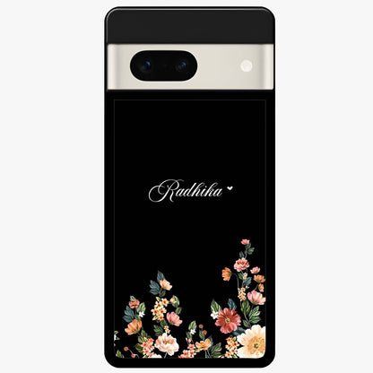 Floral Design With a Custom Personalized Name Glass Case showing flat back view with floral artwork and personalized name design.