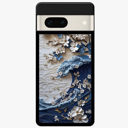 Floral Wave Origami Glass Case showing flat back view with origami inspired floral wave artwork and glossy glass finish.