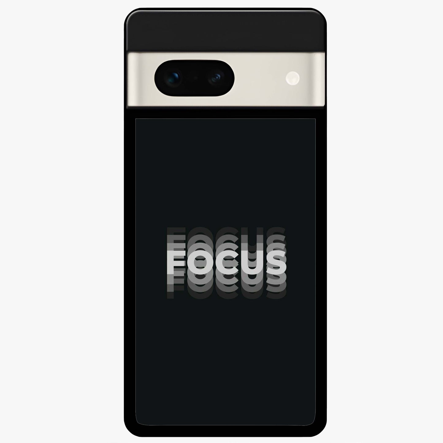 Focus Mode On Glass Case showing flat back view with bold motivational typography design and glossy glass finish.