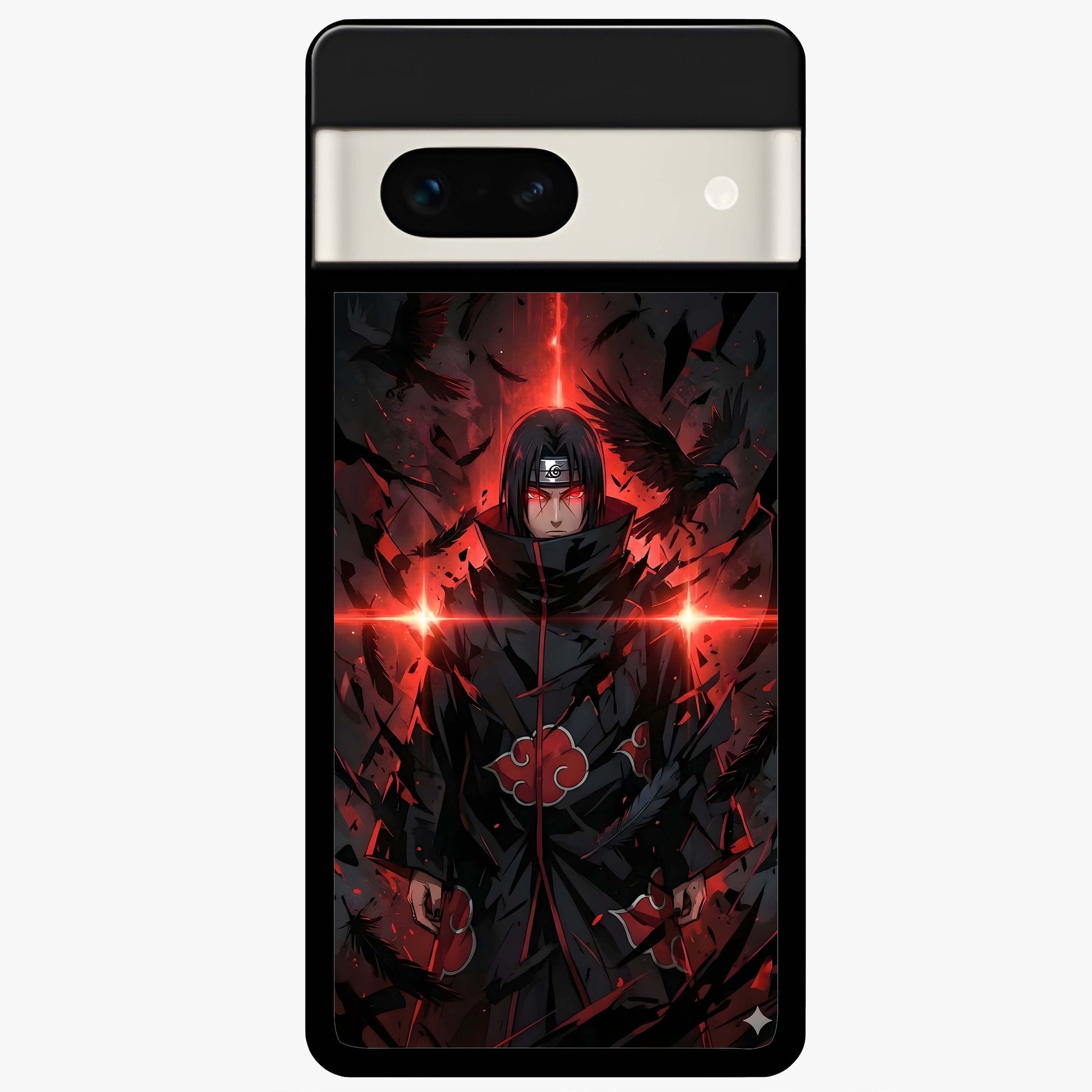 Focused Blade Discipline Glass Case showing flat back view with warrior sword themed artwork and glossy glass finish.