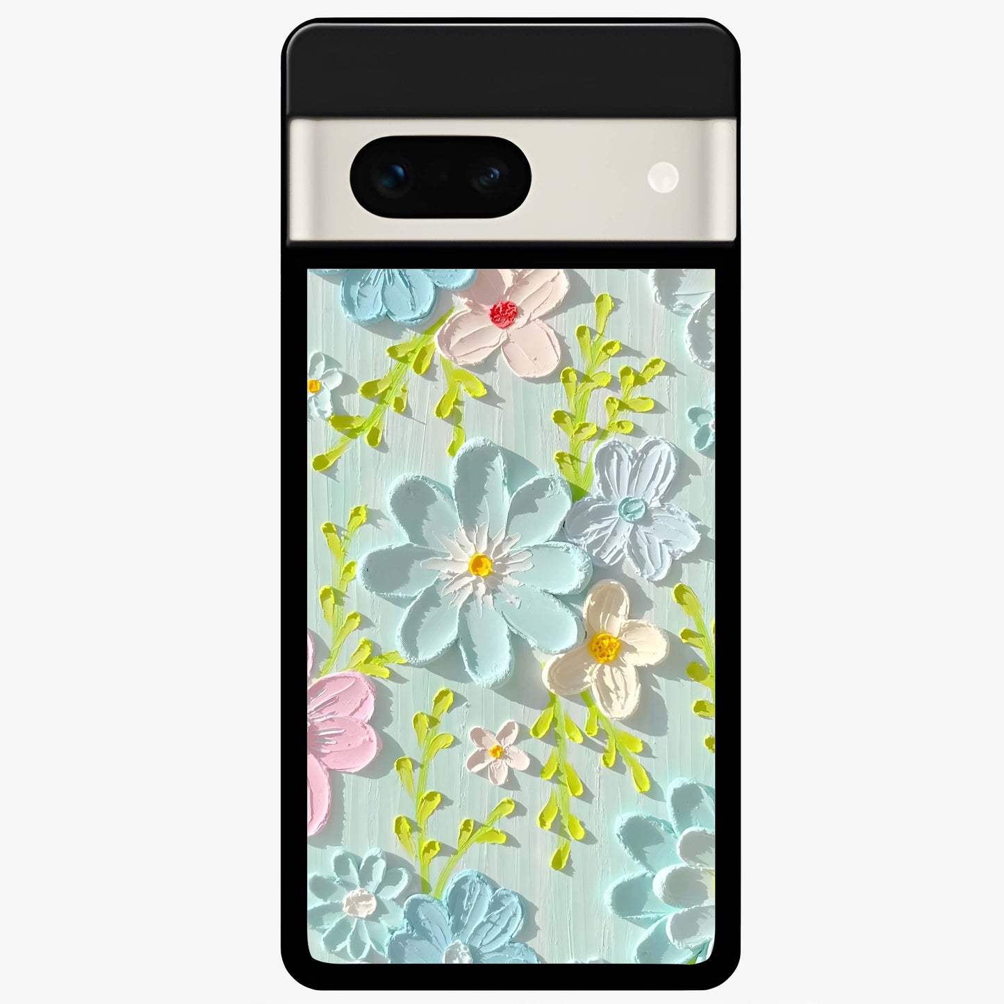 Frosted Petal Garden Glass Case showing flat back view with soft frosted floral artwork and glossy glass finish.