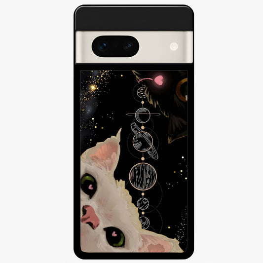Galactic Cat Glass Case showing flat back view with cosmic cat artwork and glossy glass finish.