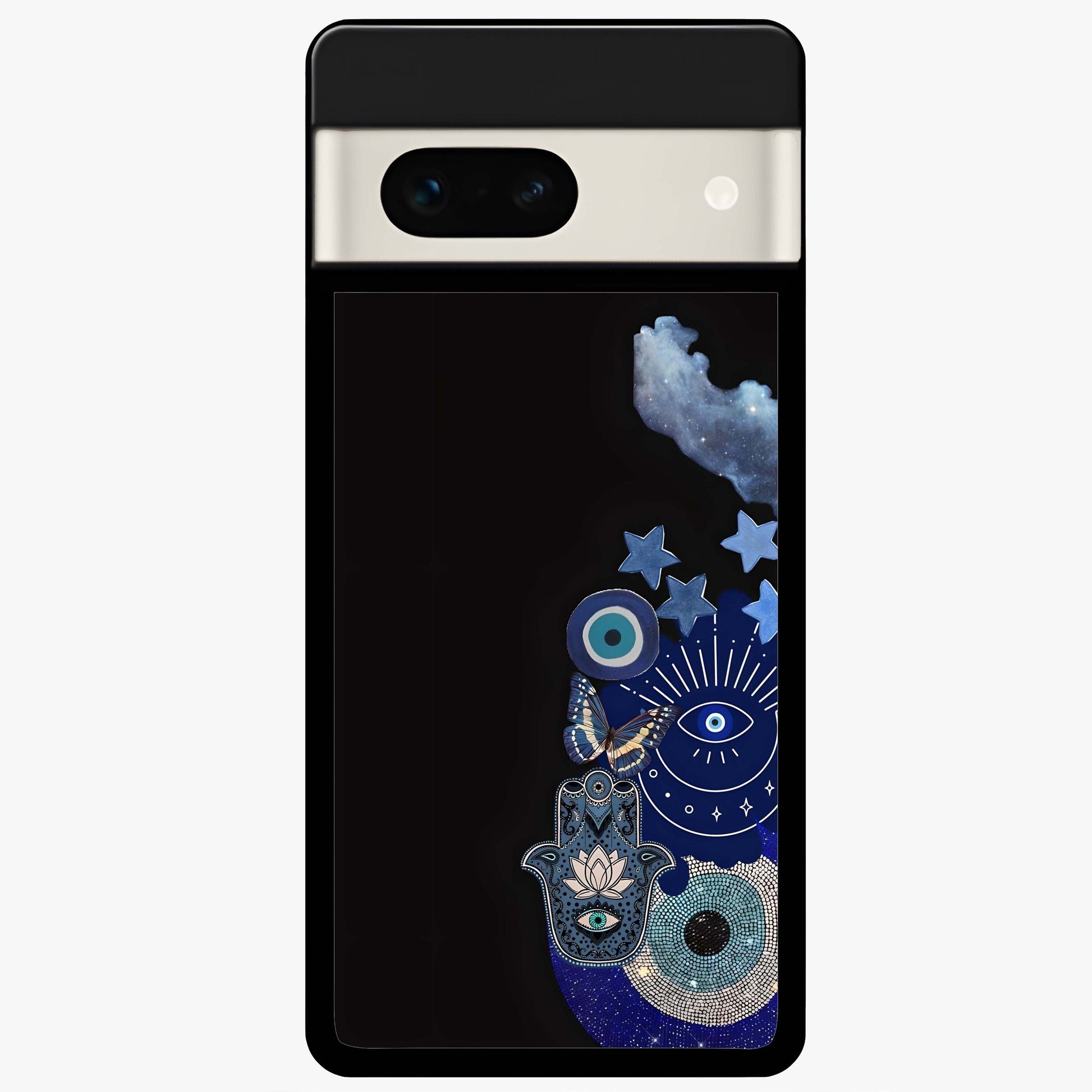 Galactic Charm Cluster Glass Case showing flat back view with glowing celestial charm artwork and glossy glass finish.