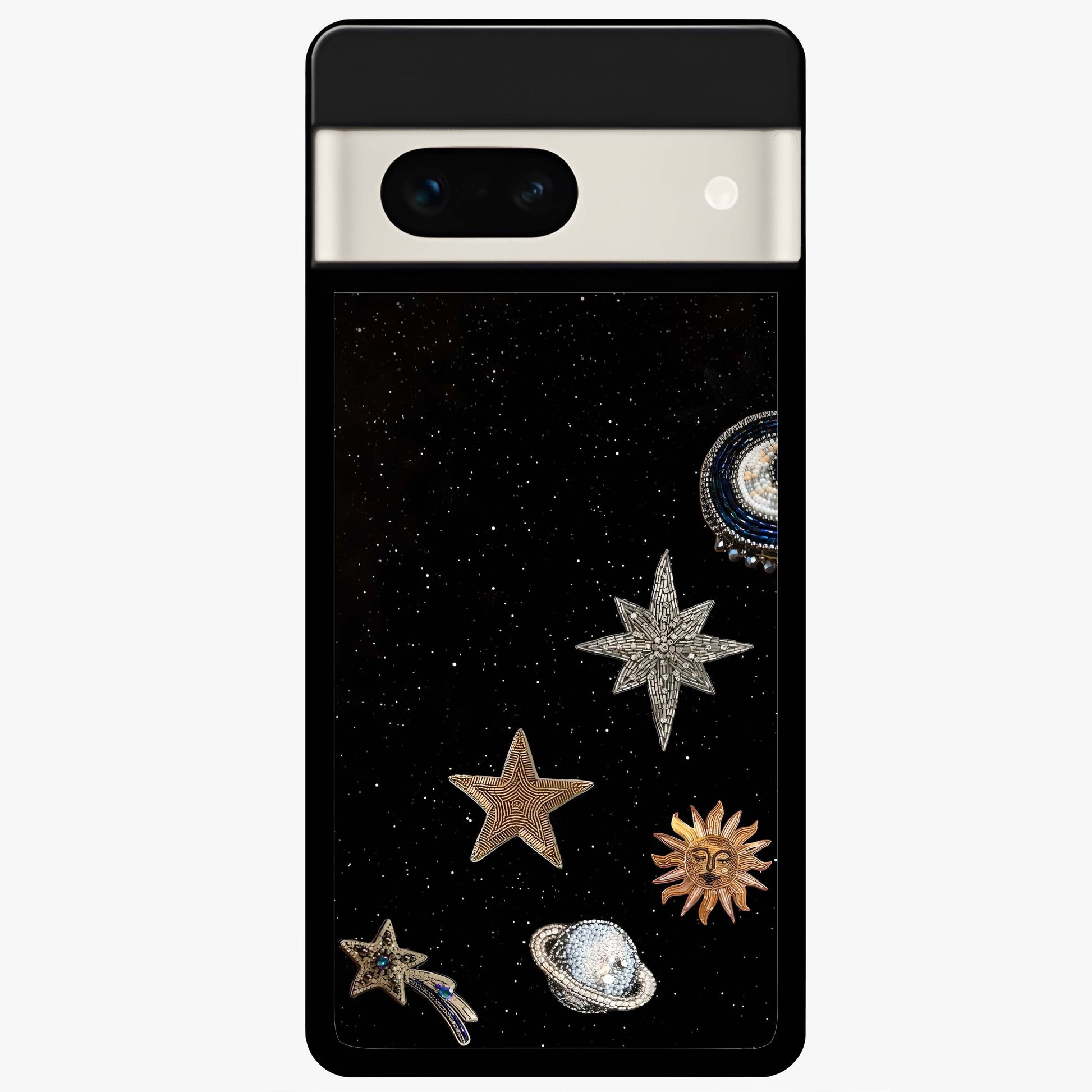 Galactic Charm Glow Glass Case showing flat back view with glowing celestial charm artwork and glossy glass finish.