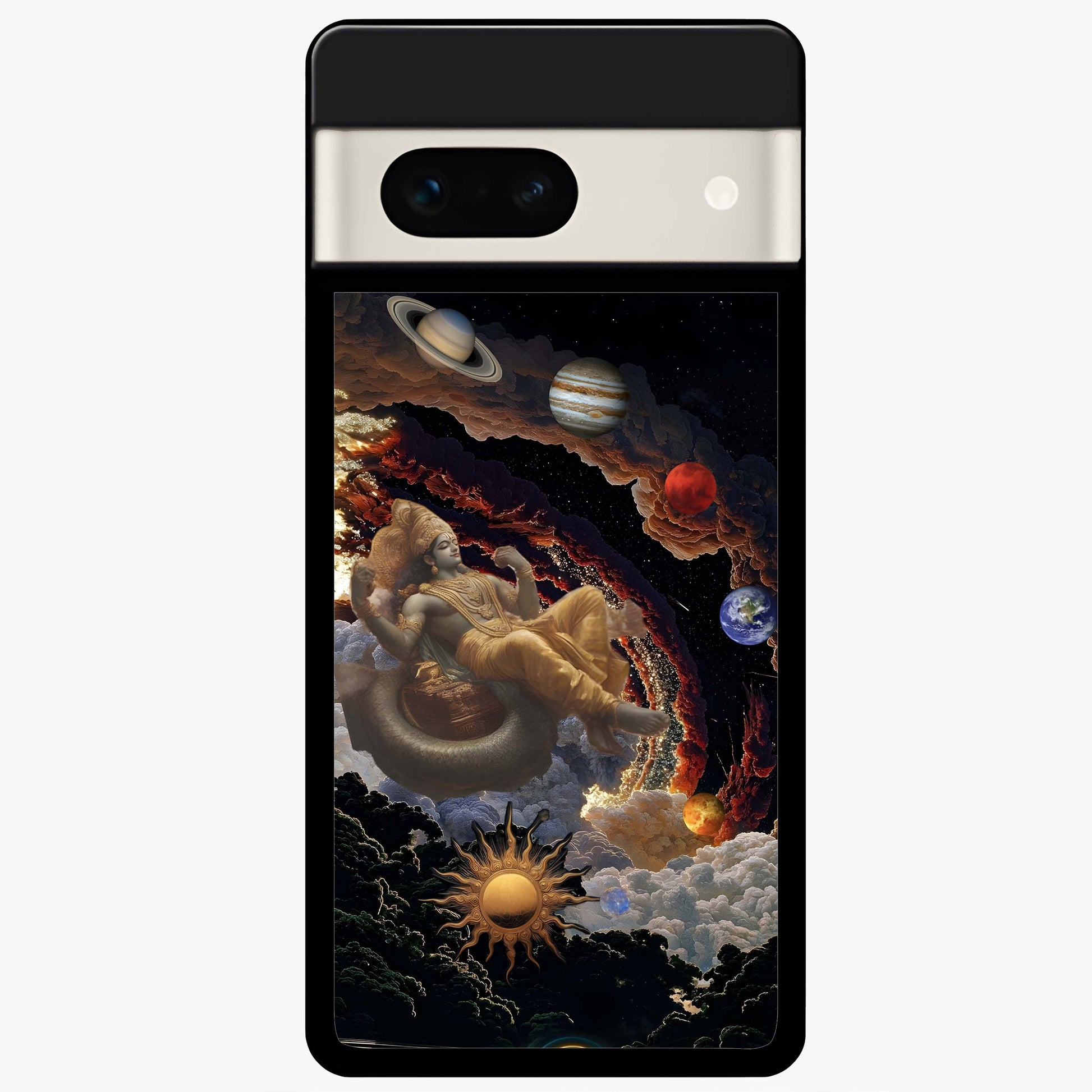 Galactic Divine God Glass Case showing flat back view with divine cosmic themed artwork and glossy glass finish.