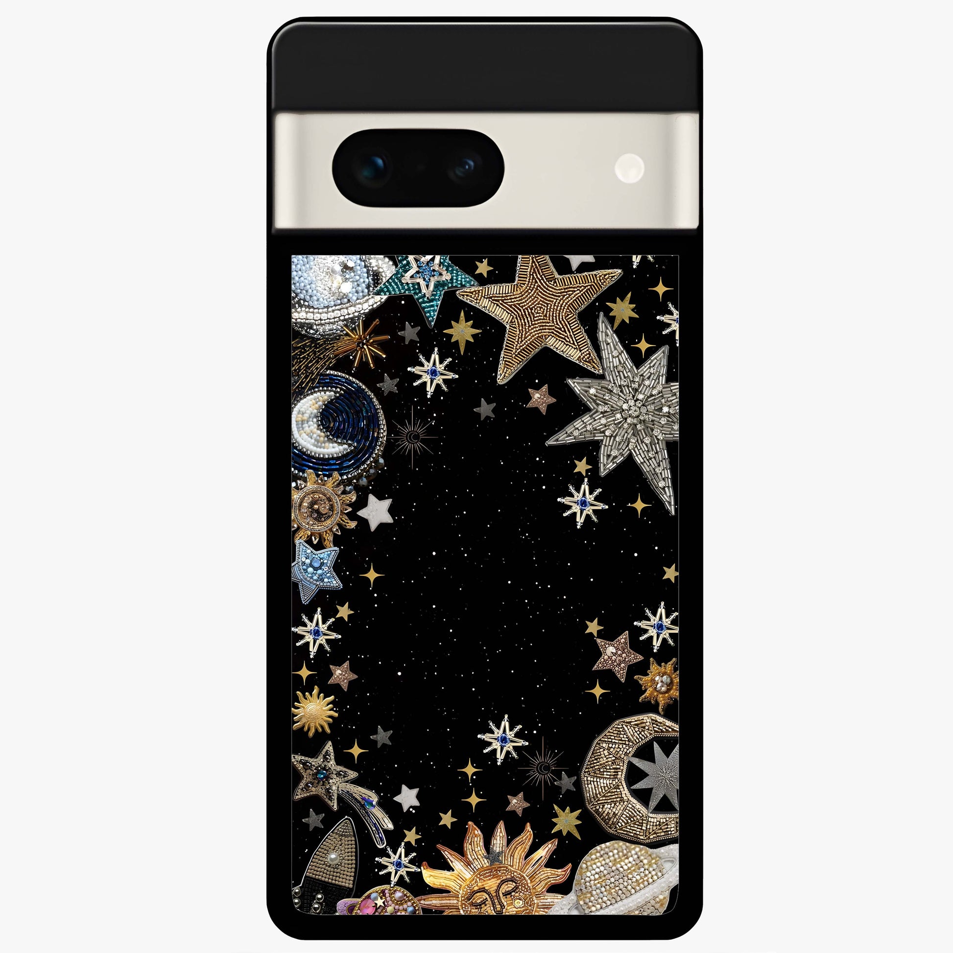 Galactic Jewel Stars Glass Case showing flat back view with sparkling star jewel artwork and glossy glass finish.