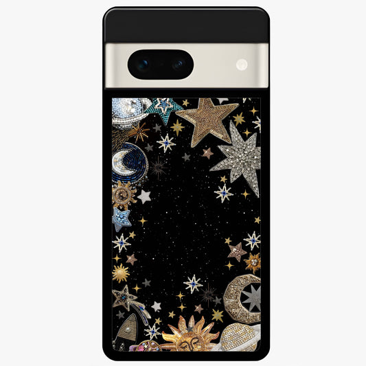 Galactic Jewel Stars Glass Case showing flat back view with sparkling star jewel artwork and glossy glass finish.