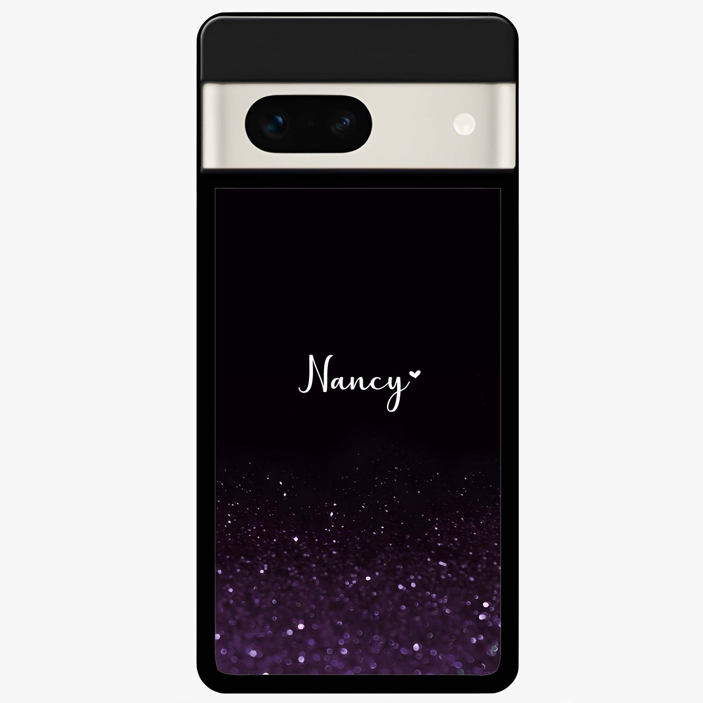 Glittery Purple Bokeh Custom Name Glass Case showing flat back view with purple bokeh sparkle artwork and personalized name design.