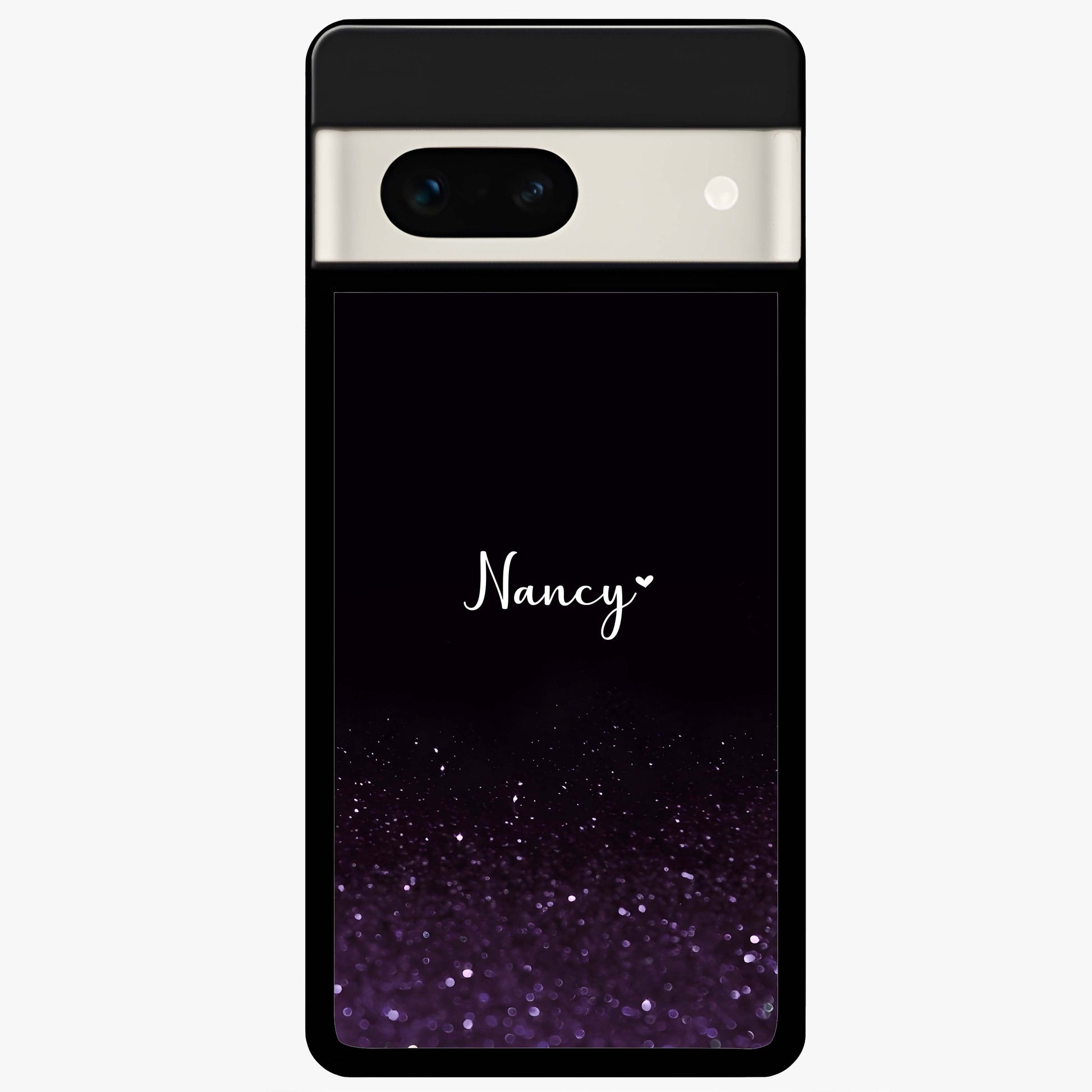 Glittery Purple Bokeh Custom Name Glass Case showing flat back view with purple bokeh sparkle artwork and personalized name design.