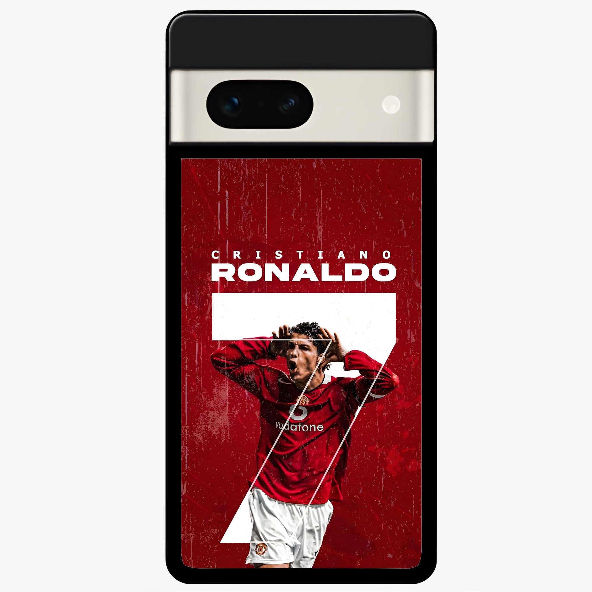 Goal Celebration Legacy Glass Case showing flat back view with football celebration inspired artwork and glossy glass finish.