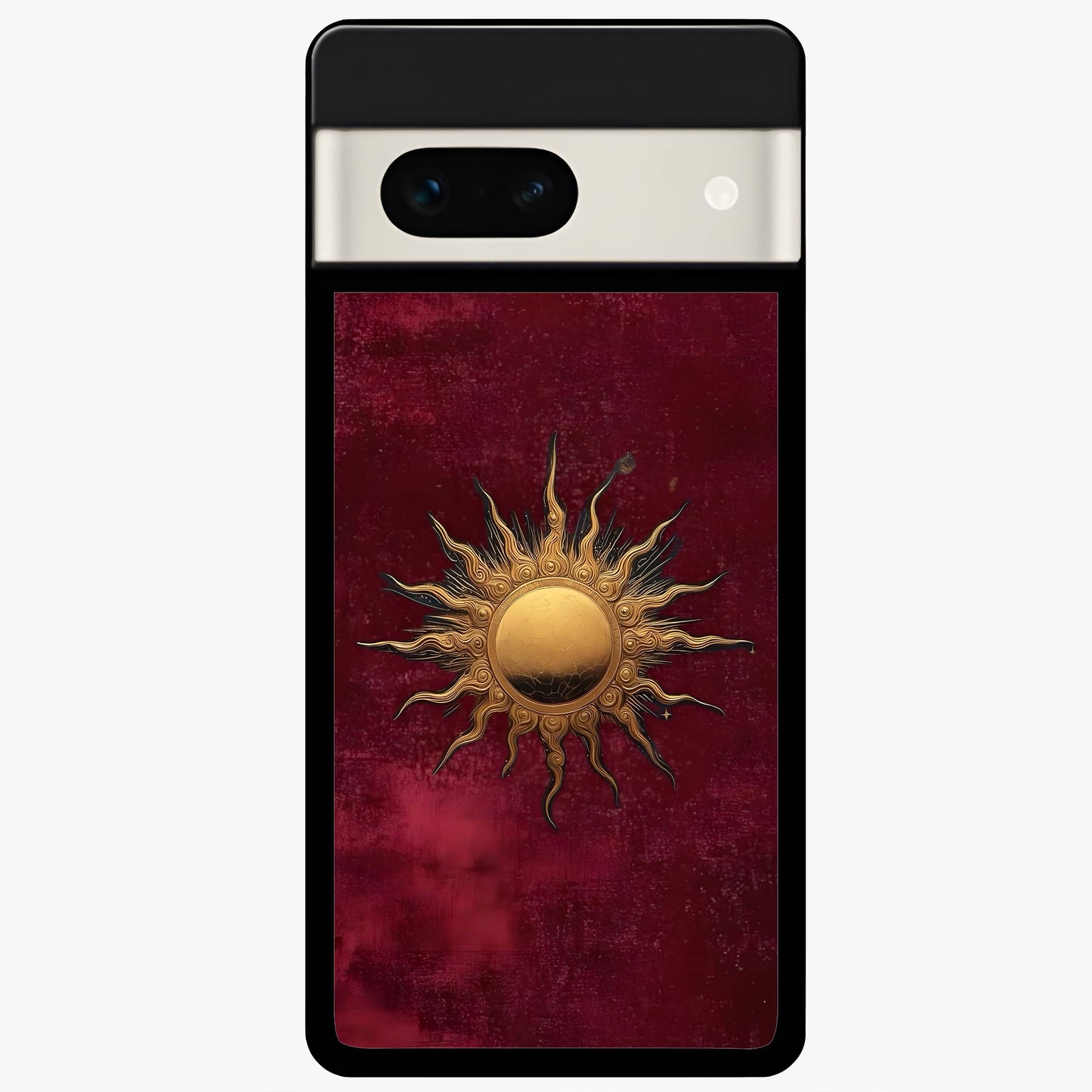 Gold Sun Blush Glass Case showing flat back view with golden sun inspired artwork and glossy glass finish.