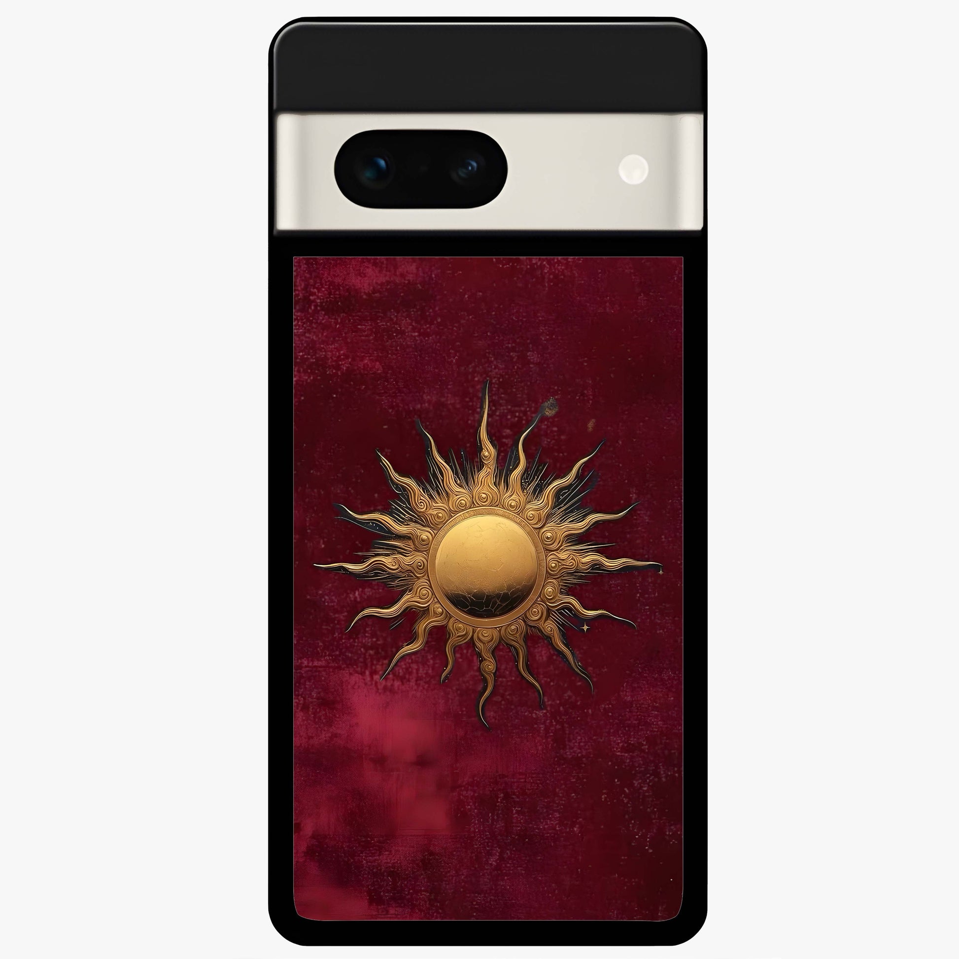 Gold Sun Blush Glass Case showing flat back view with golden sun inspired artwork and glossy glass finish.