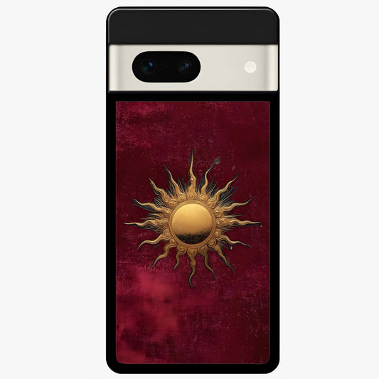 Gold Sun Blush Glass Case showing flat back view with golden sun inspired artwork and glossy glass finish.